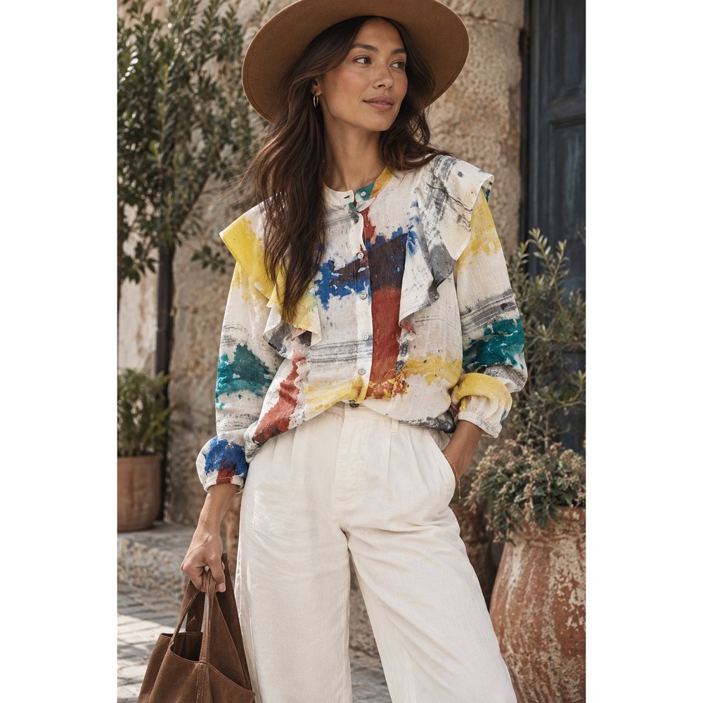 Osei-Duro Silk Linen Ruffle Blouse Abstract Print Tie Dye Ghana Statement Boho S